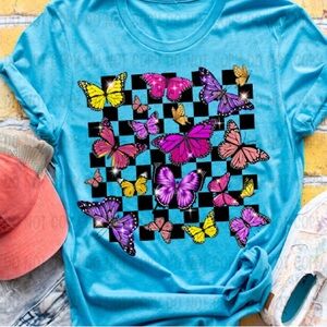 Bella Canvas WOMEN’S Butterfly Checkered Neon Blue Tshirt Small-3X